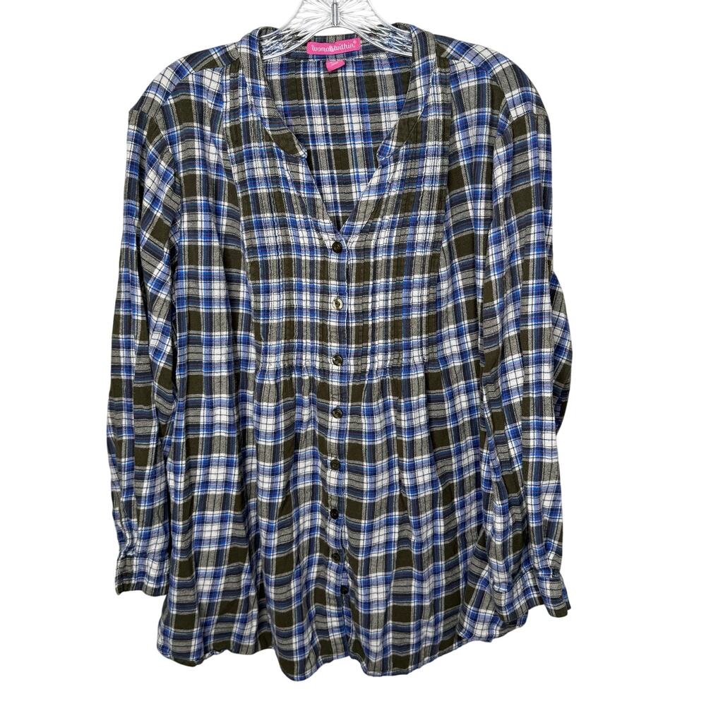 Woman‎ Within Plaid Button Front Tunic Shirt 2X 26/28 Blue Green Long Sleeve